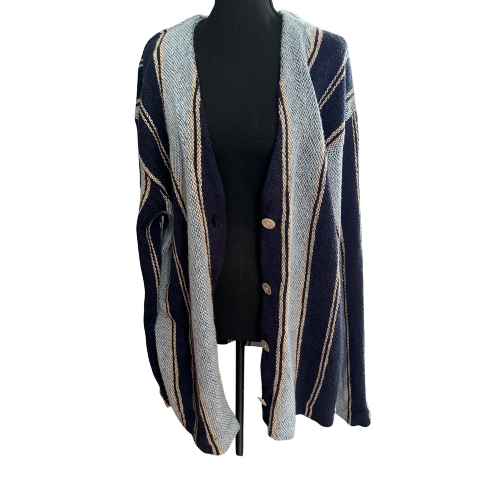 Faherty Striped Organic Cotton Cardigan Blue Cream Coastal Beachy Oversized L XL